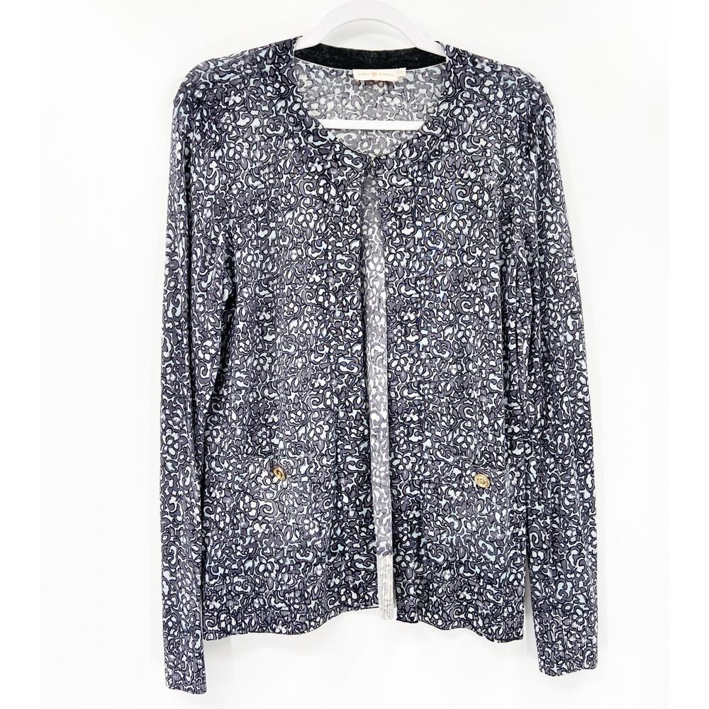 Tory Burch Merino Wool Floral Print Knit Long Sleeve Cardigan Sweater Size Large